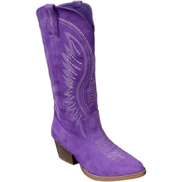 Shoes - Women's Suede Embroidered Side Zipper High Heeled Boots With Sloping Heel Purple